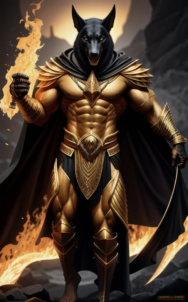(high quality), photorealistic, (oil painting)
jewelry, (solo),
(dynamic pose), towards right, ((hell gate)), fire, hell landscape, (the underworld), (dark landscape),
anubis, egyptian jackal headed god, anthro, muscular, (holding golden scales), dynamic pose, cinematic, dramatic camera angle, golden armor:0.25, black & gold cape, (good anatomy), (good proportions), award winning, masterpiece, centered, 