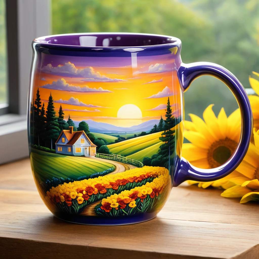 Create a detailed and vibrant image of a landscape contained within a glass mug. The scene inside the mug features rolling fields of bright yellow flowers, trees, and a winding path leading to a small house. Above the fields, a dramatic sunset with swirling red, orange, and purple clouds fills the sky. The setting is in a kitchen, with the mug placed on a wooden table and kitchen items blurred in the background. The style should blend hyper-realism with surrealism, capturing the vivid colors and intricate details of both the landscape and the glass mug.