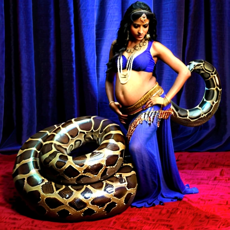 Pregnant Happy Horny, aroused 1girl), beautiful    princess jasmine with  giant colossal Kaa monster squeezing her hard, wrapped in thick spiraling coils, constricted, struggle, gasping for air, snake attack, snake peril,