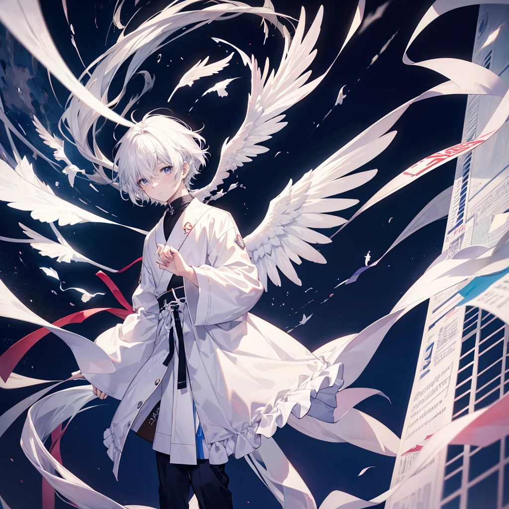Full body portrait、White Hair、18-year-old boy、Hands are stretched up、wing