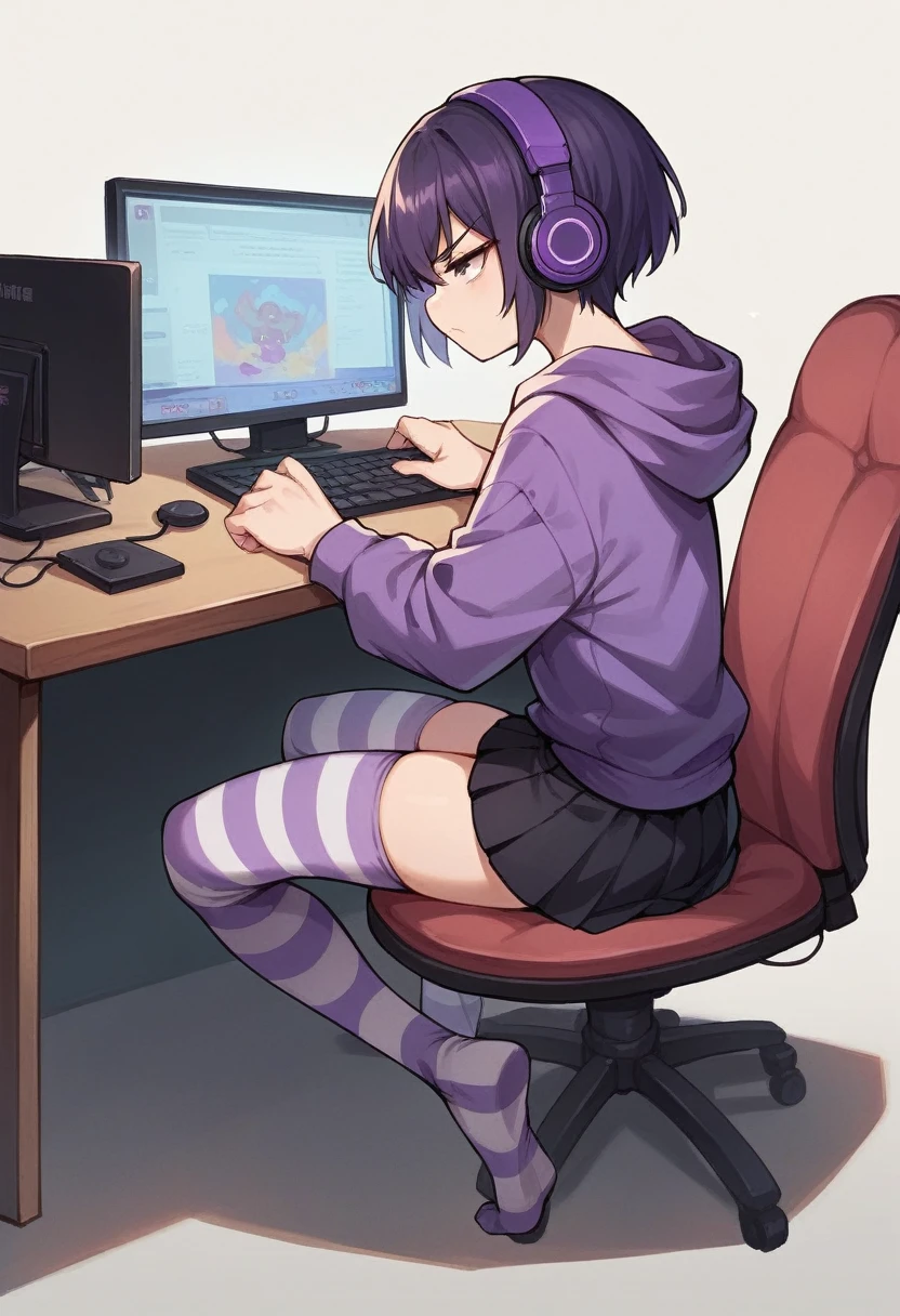 score_9, score_8_up, score_7_up, score_6_up, score_5_up, score_4_up, sideview, sitting on a chair, 20 years old anime girl, purple short hair, purple hoodie, flat chest, black skirt, girl with headphones, girl gaming in front a computer, computer table, grumpy expression, focus on girl, full body, bad back posture, hunched back, Striped high stockings, purple and black striped stockings, playing videogames