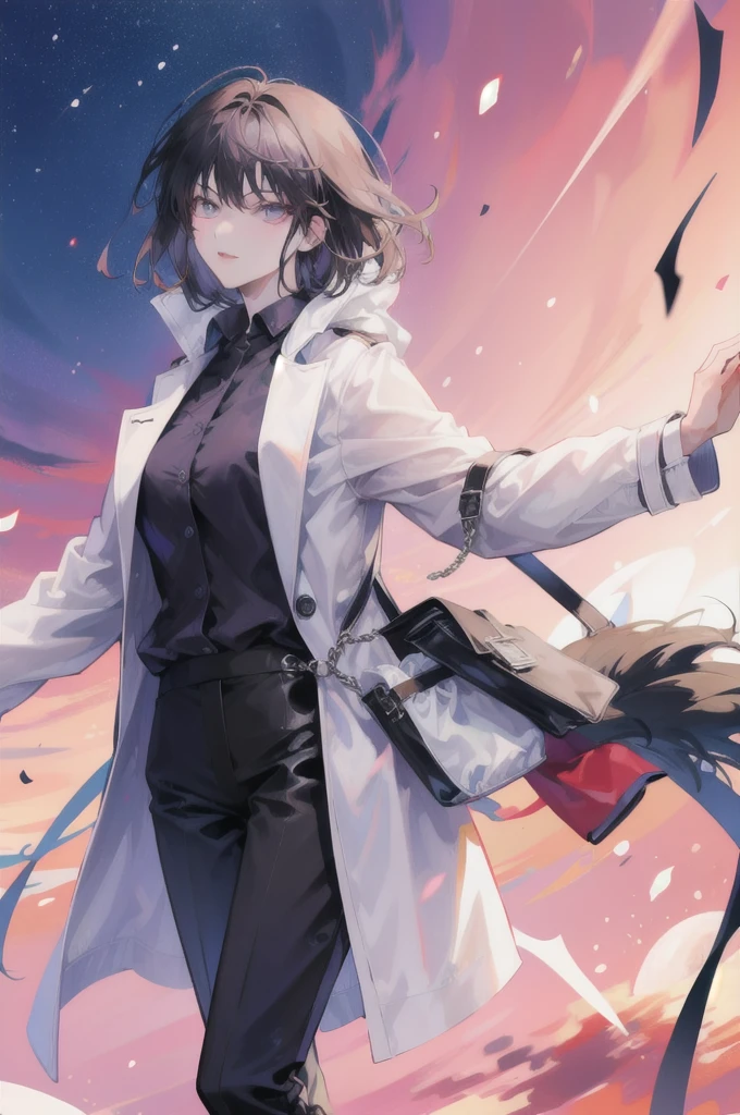 (masterpiece, best quality:1.2), intricate details, han sooyoung, 1girl, bangs, white coat, black shirt, long sleeves, pants