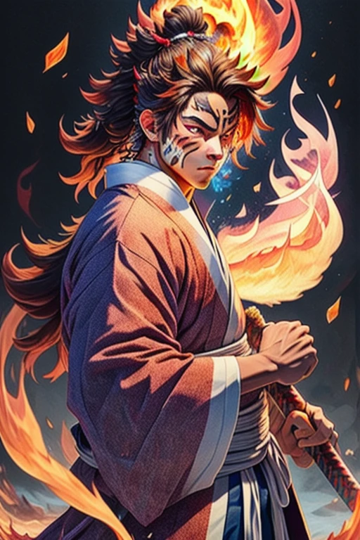 ((best qualityer)), ((work of art)), (detailded), (8k resolution), Kimetsu no Yaiba, adult man, experienced swordsman, Holding a katana by the handle, red traces on the face, Red neon aura, flames in the background, white kimono, Slightly dark hair, groundbreaking, color scheme, pensive stillness, background with flames, details Intricate, photographic realism, fully body.