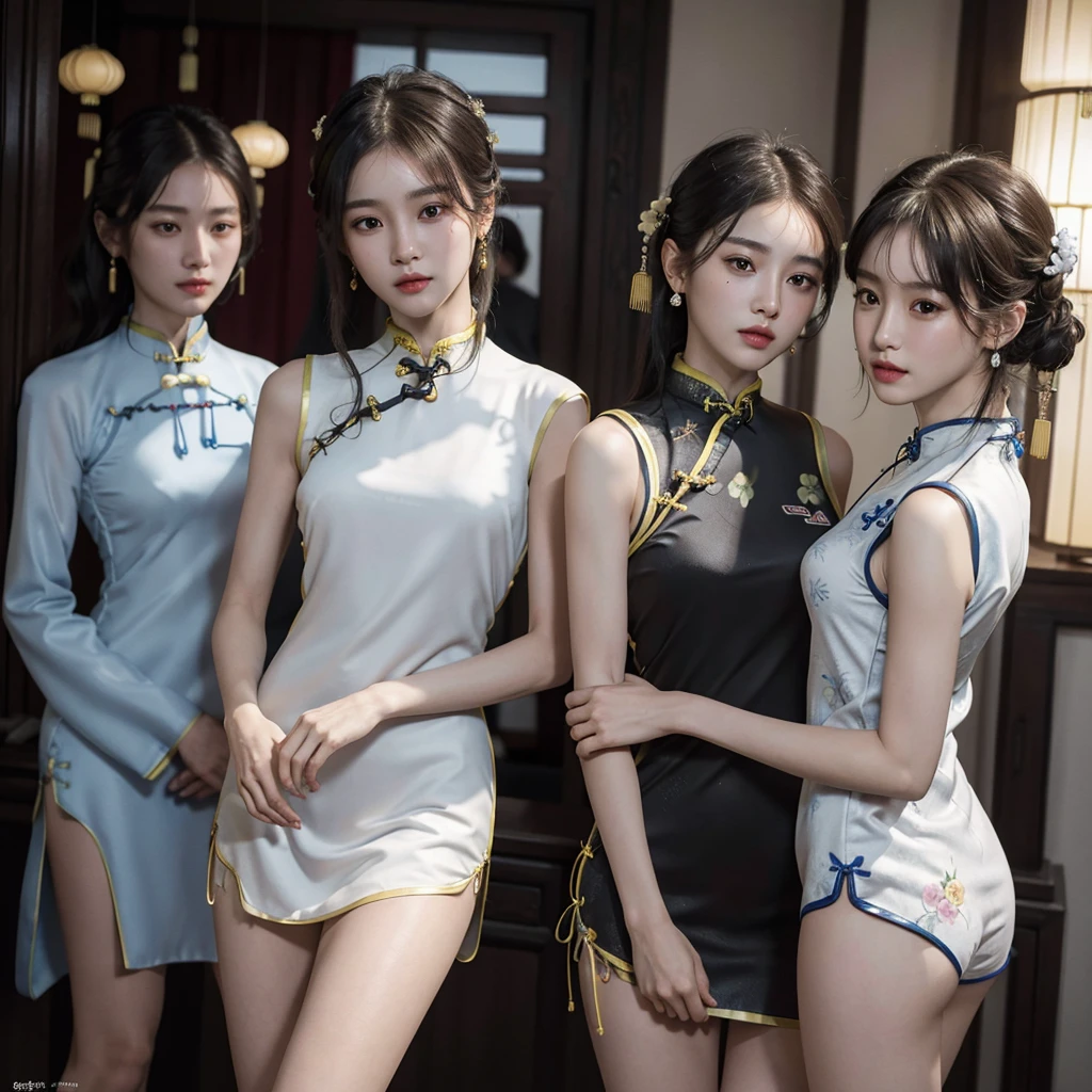 absurdres, RAW photo, extremely delicate and beautiful, masterpiece, Best Quality, ultra high resolution, 32k, hyperrealistic, ultra-detailed, Very detailed CG 8k wallpaper, Beautiful Lighting, Perfect Lightning, Realistic Shadows, perfect anatomy, super Detailed skin, perfect figure, Japanese woman, late 20s, very Slim body, narrow waist, very small head, handsome detailed woman, very detailed eyes and face, realistic face proportions, Stunning detailed eyes, Realistic beautiful face, very small face, Realistic small beautiful eyes, tearful mole, earring, beautiful and very thin legs, beautiful and very thin thighs, very huge round breasts, medium hair, black hair, whole body shot, (3 girls:1.5), (cheongsam:1.5),