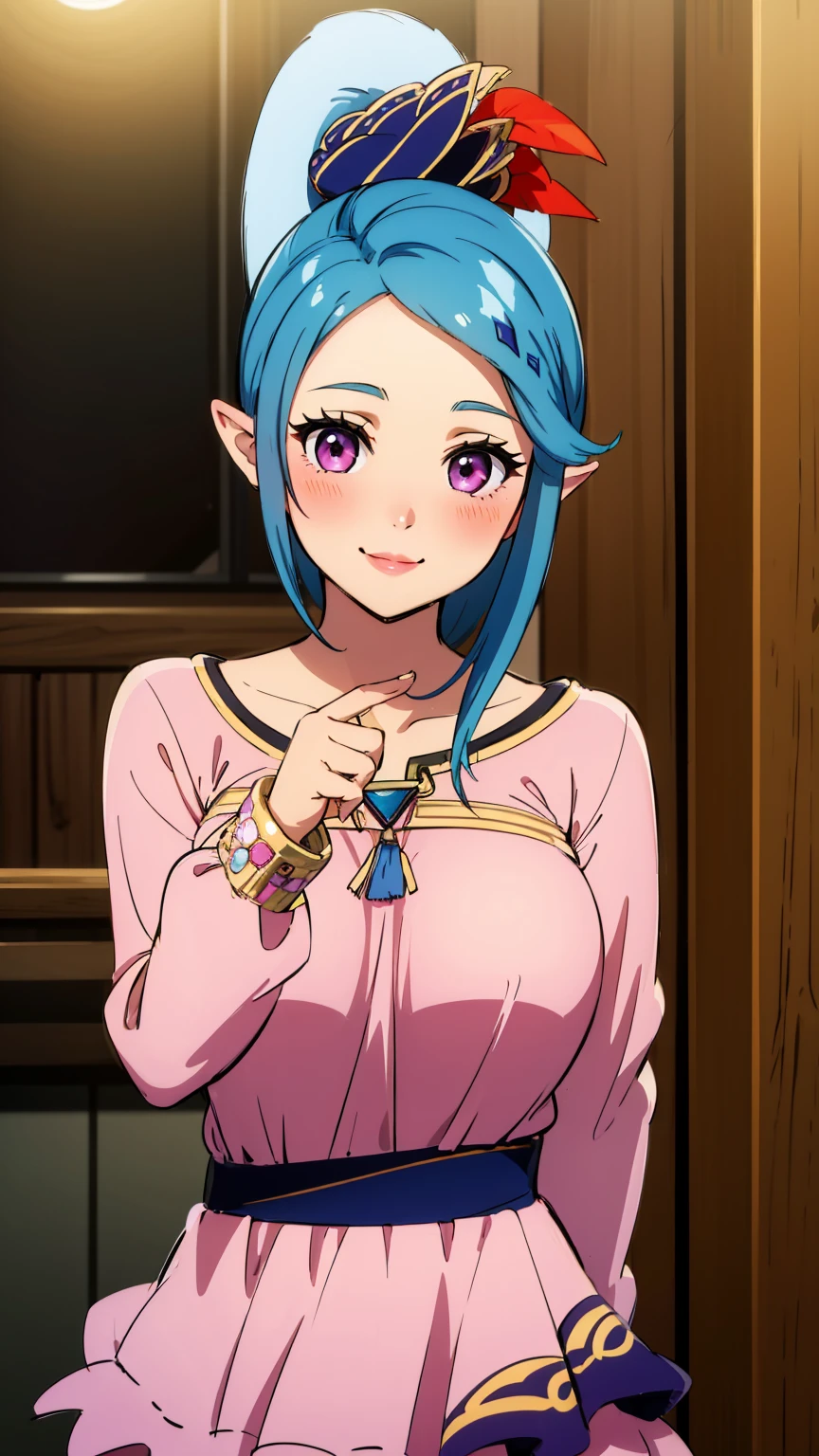 best quality, high resolution, large breasts, blue hair, ponytail, blush, smile, cowboy shot, looking at viewer, Lana, pink lip, in Hyrule,