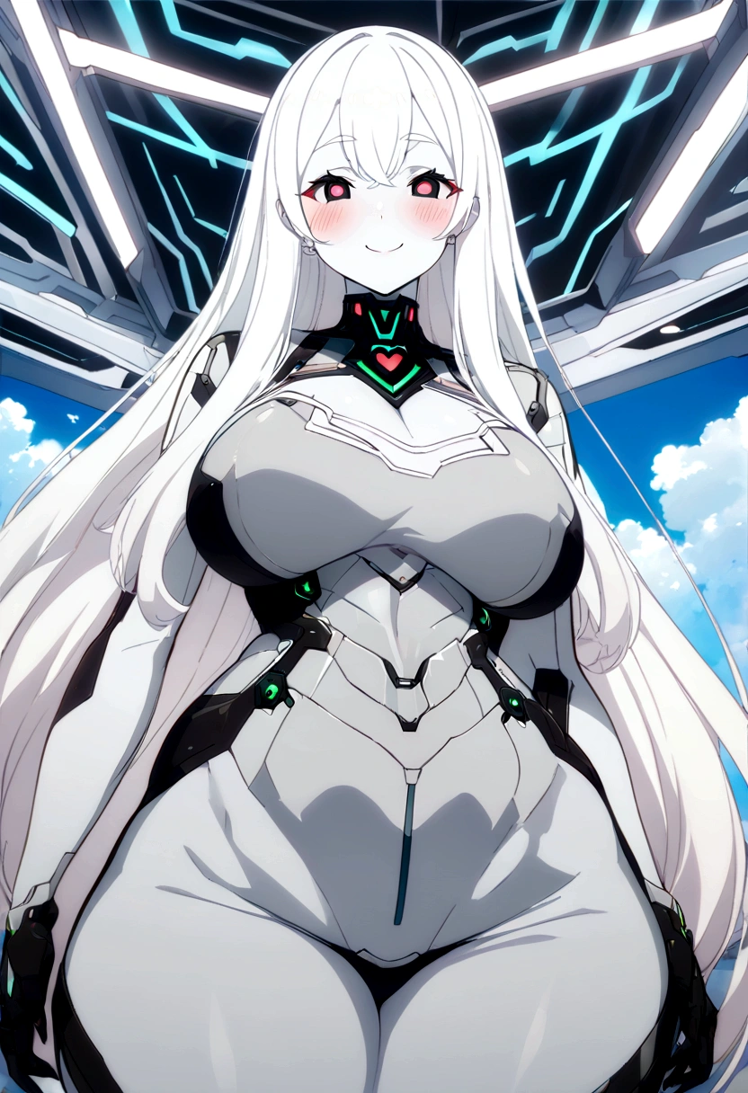 Masterpiece, High quality, High quality of art, anime lineart, 1girl,white hair, black eyes, white eyebrow, red eyeshadow, Tall, black cyber clothers, light gray cyber pants, big , big , very blush, white hearts in eyes, in future base, looking at viewer, smile, white skin, white hearts in eyes