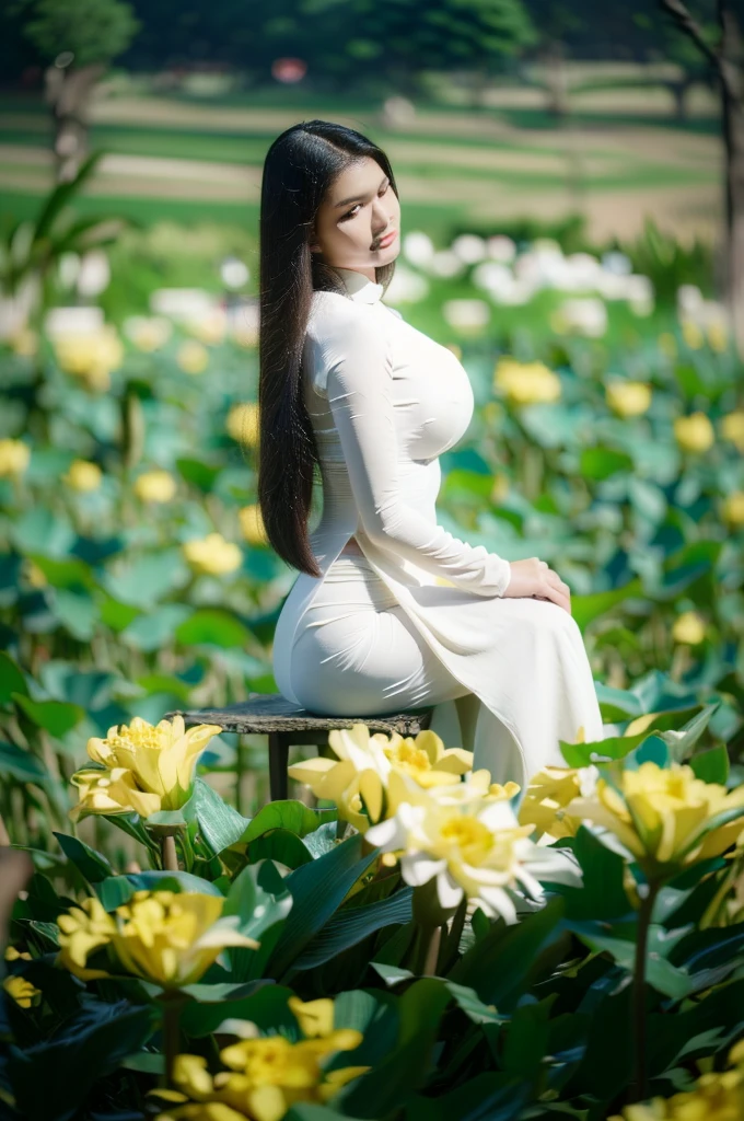 big breasts, round breasts, wearing bra inside ao dai, slim figure, beautiful figure, big breasts, ponytail, sharp 8k quality photo, ((beautiful, sharp, balanced face details) for )), ((beautiful breasts, exposed cleavage, plump body), ((beautiful sparkling eyes, sharp eye details, beautiful face)), sitting in the middle of rice fields, ((super beautiful body with high details , tight body, wide chest, slim waist)), ((thin cleavage, round breasts))