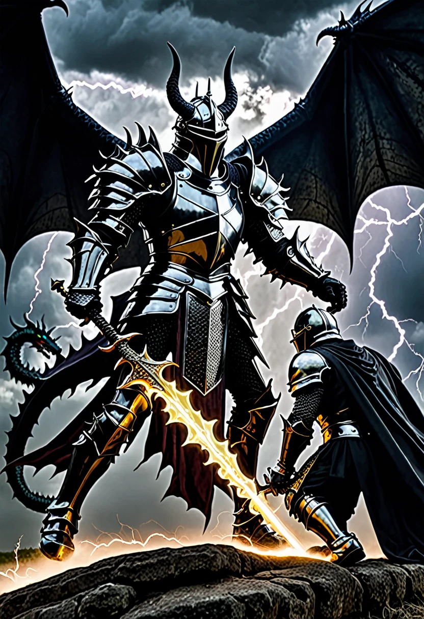 gothic black knight facing dragon shooting lightening