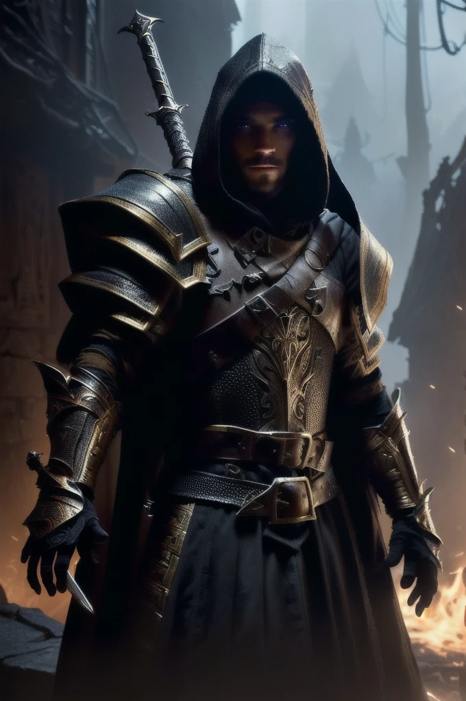 a close up of a person in a hooded jacket with a sword, amazing 8k character concept art, light armor, from vermintide 2 video game, paladin, flowing robes and leather armor, clothed in stealth armor, guillem h. pongiluppi, golden and black armor, d&d trending on artstation, light coming off of the armor