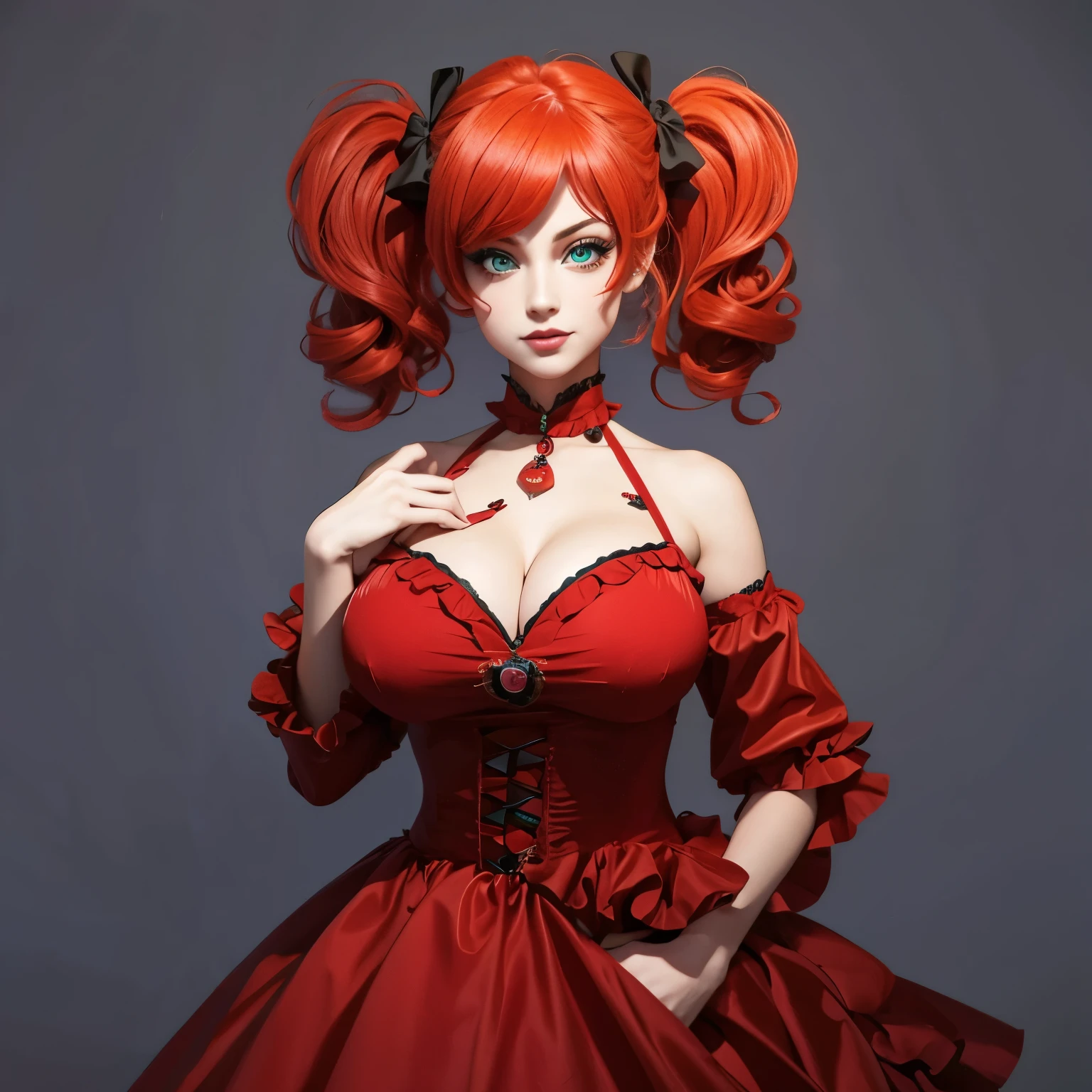 Circus Baby, green eyes, beautiful, very big bust, red dress, hot