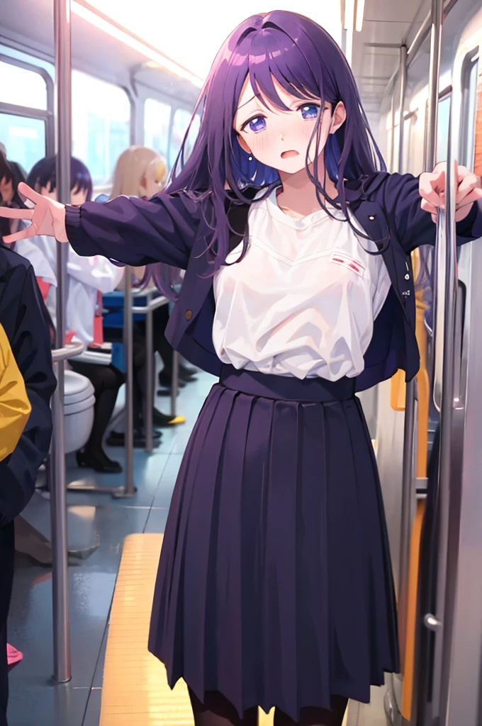 1 boy, pov hands, grab breasts、Embarrassed expression、、1 boy, pov hands, grab breasts、Small breasts、手でHide、hand bra、school uniform、Hide、Black Skirt、Blushing、school uniform、Embarrassed expression、日本の、Black Skirt、Not wearing a bra、Light purple hair、Semi-long hair、Pale purple eyes、、Blushing、lipstick、Perfect hands、Detailed hands、on the train、、hand bra、toilet