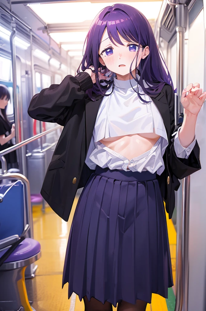 1 boy, pov hands, grab breasts、Embarrassed expression、、1 boy, pov hands, grab breasts、Small breasts、手でHide、hand bra、school uniform、Hide、Black Skirt、Blushing、school uniform、Embarrassed expression、日本の、Black Skirt、Not wearing a bra、Light purple hair、Semi-long hair、Pale purple eyes、、Blushing、lipstick、Perfect hands、Detailed hands、on the train、、hand bra、toilet