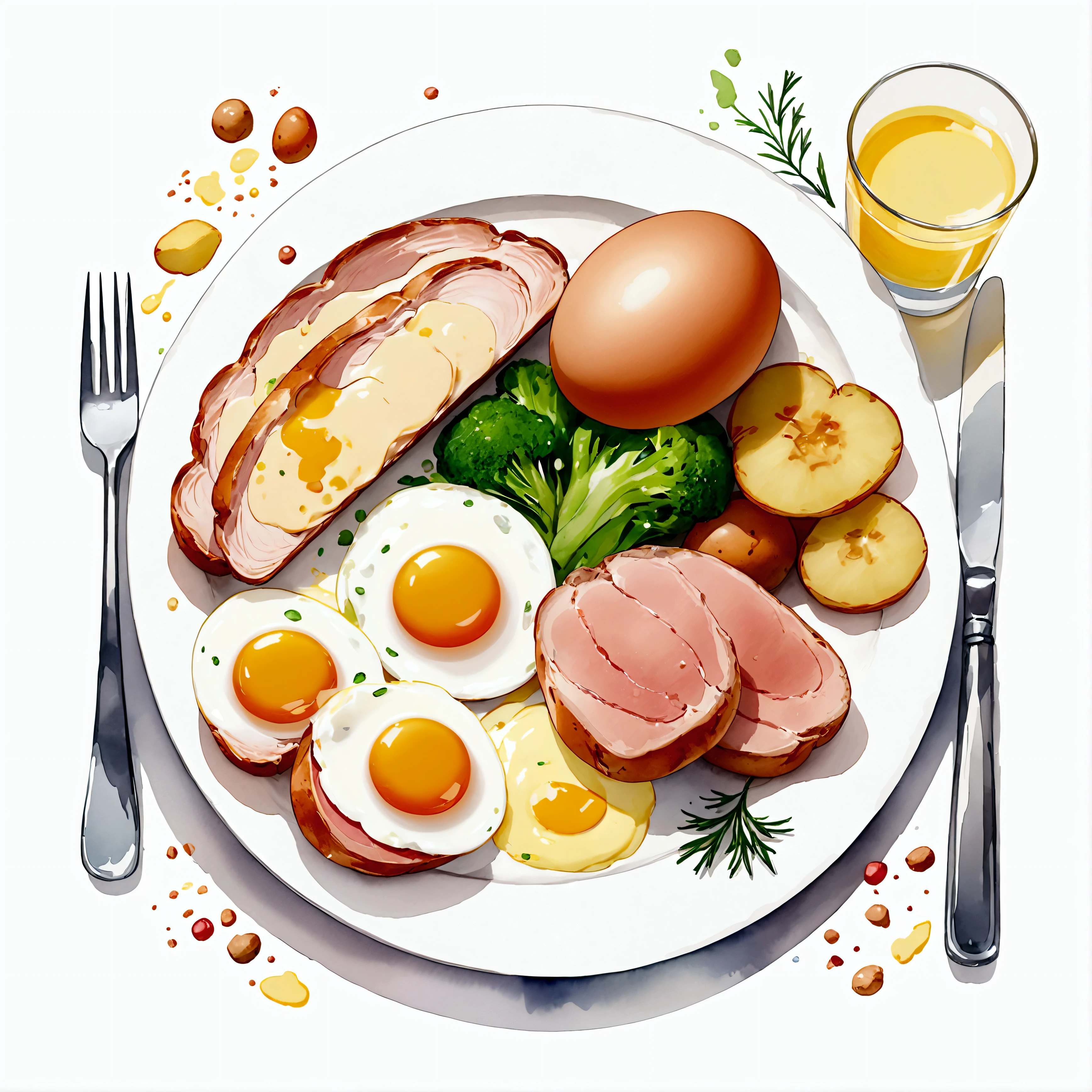 ((best quality)), ((masterpiece)), (detailed), loose water color style, minimalist, create a picture of healthy food on a plate. The food consist of, Eggs, bread, potatoes, glass of milk, meat, chicken meat, some vegetables, against brilliant white background, vibrant color, isolated white. wet water color