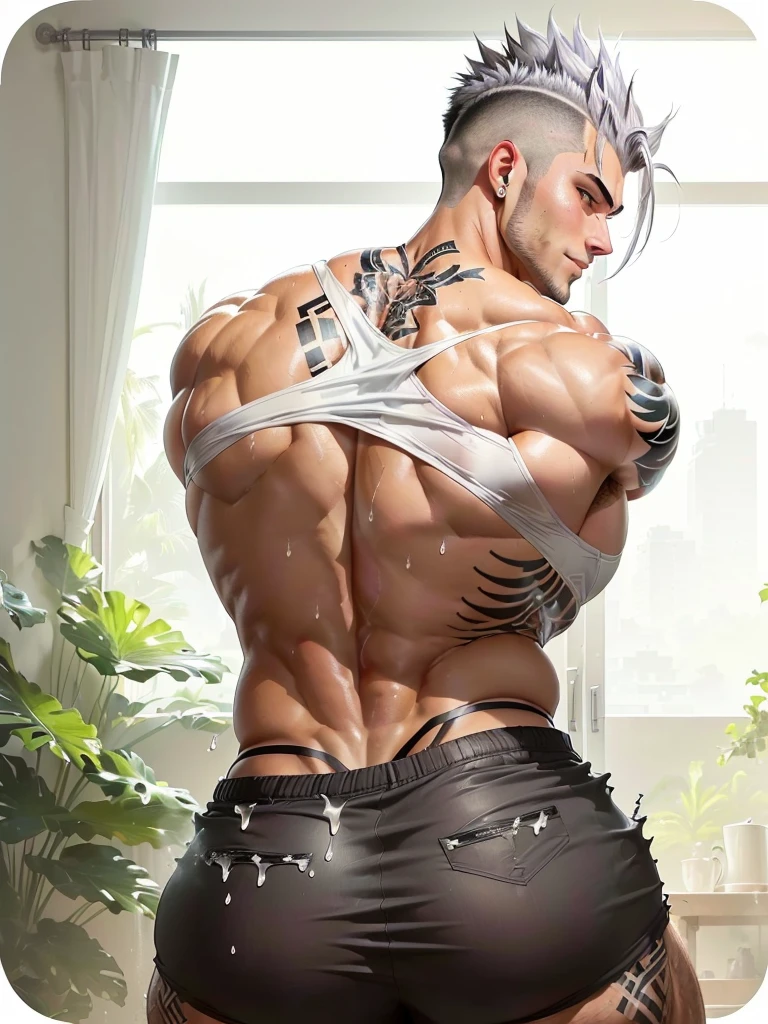 anime guy with a big ass showing off his muscles, muscular! white, back pose, muscular!!, gigachad muscular, super buff and cool, handsome anime pose, most strongest pose, full growth from the back, muscular character, muscular!, beefcake pose, with his back turned, showing his ass, muscular!!!, his back is turned, bare back, lean but muscular, silver gray undercut mohawk hairstyle, dark tanned skin, looking at viewers, sweaty, gyatt, soaked wet, juicy ass, drenched in milk, milk splashed on pants, teasing smile, jockstrap, sweating, tight underwear, soaked underwear, oiled body, punk hair tattoo