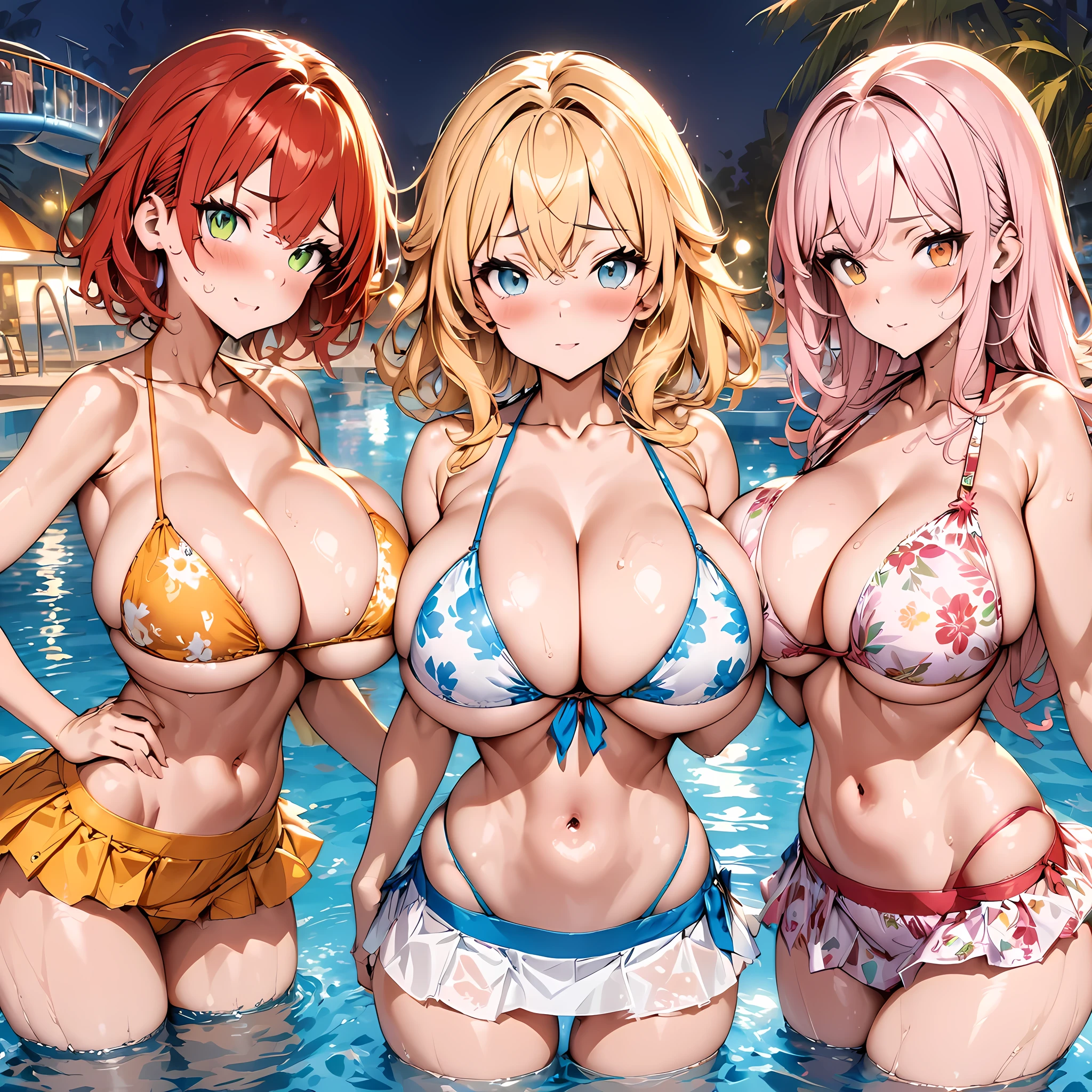 (masterpiece), (highest quality), (illustration), (super detailed), (high resolution), absurdity, 3girls,toragao,blush,[[patterned string bikini,floral string bikini,layered bikini]],blonde hair,red hair,light pink hair,long hair,short hair,green eyes,orange eyes,blue eyes,night,waterpark,looking at viewer,bimbo,cowboy shot,water,wet