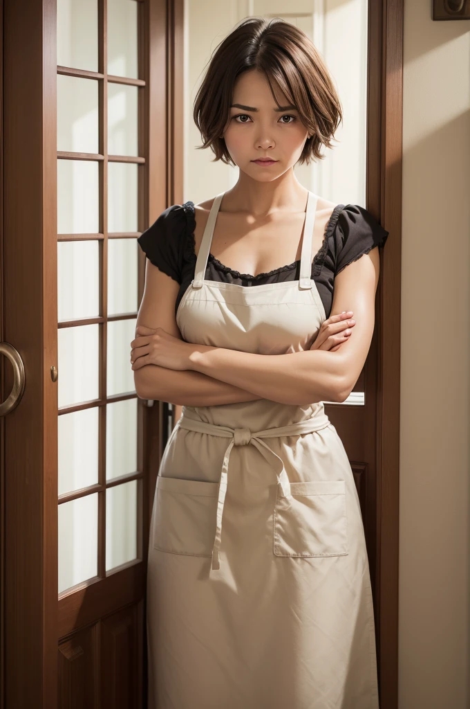 A woman in a kitchen apron, with an angry expression with arms crossed, in front of the house door. brown short hair, eyes browns 
