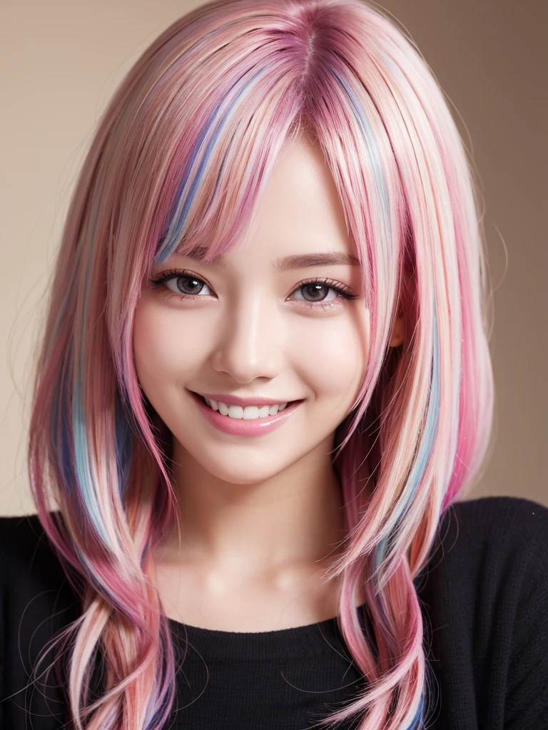 masterpiece, high quality, 4k, 8k, beautiful face, mix colored hair, pink highlights, smile,