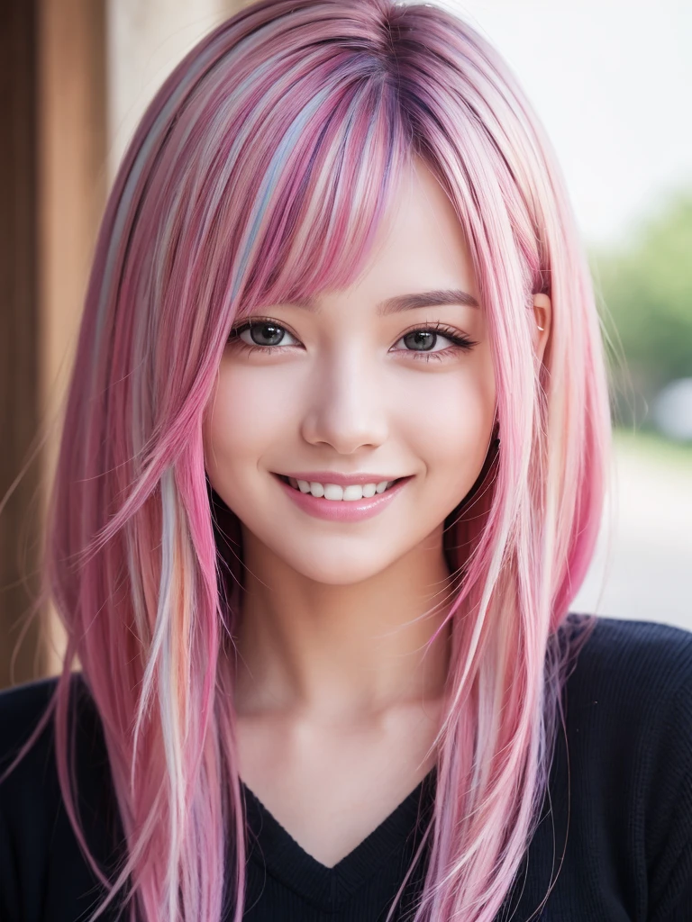 masterpiece, high quality, 4k, 8k, beautiful face, mix colored hair, pink highlights, smile,
