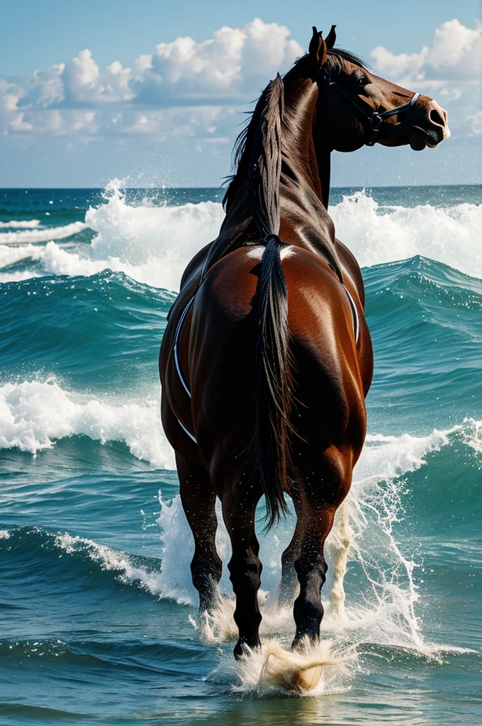 Horse entering the sea with its back turned, paint 