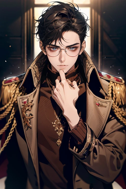 (tmasterpiece, high resolution, ultra - detailed:1.0), (1 boy, Young male), Eyes looking at the camera, Perfect male body, Extremely detailed CG, 8K wallpaper, Complicated details, solo person, Detailed face,(Black hair, brown coat,brown sweater, Glasses), color difference, Depth of field, dramatic shadow, Ray tracing, Best quality, Cinematic lighting, offcial art