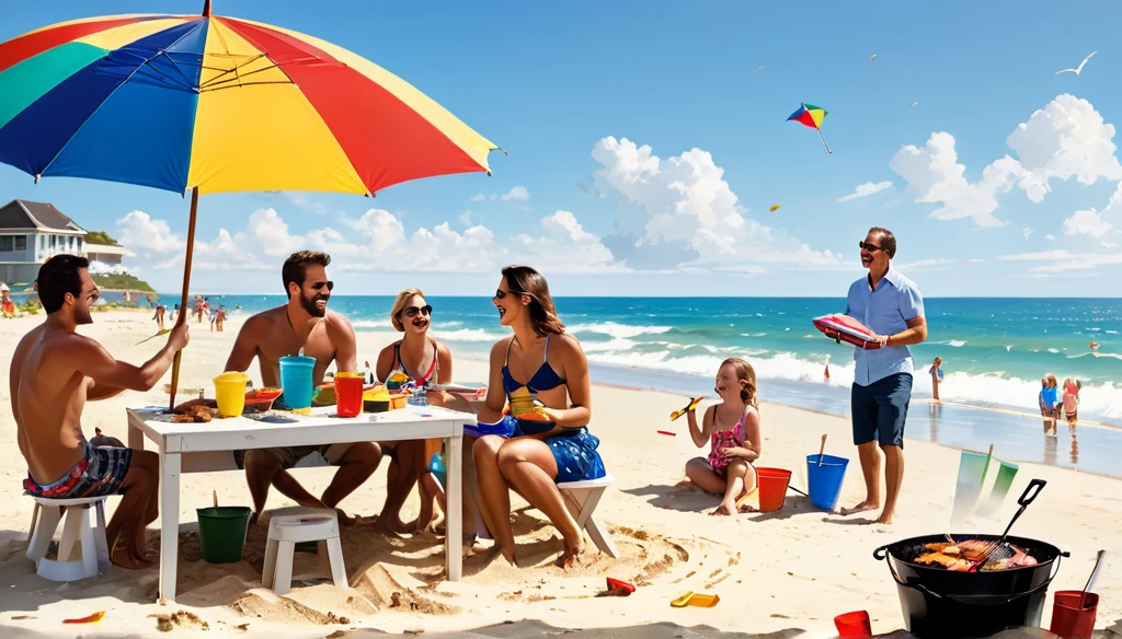 A lively scene of a family and friends having a barbecue on the beach on a sunny day. Adults are around the grill, talking and laughing, while some children play with buckets and shovels in the sand near the water. A colorful umbrella is stuck in the sand, and it says "Garotos Nota Zero". In the background, sea waves gently break on the beach and the sky is clear with few clouds.