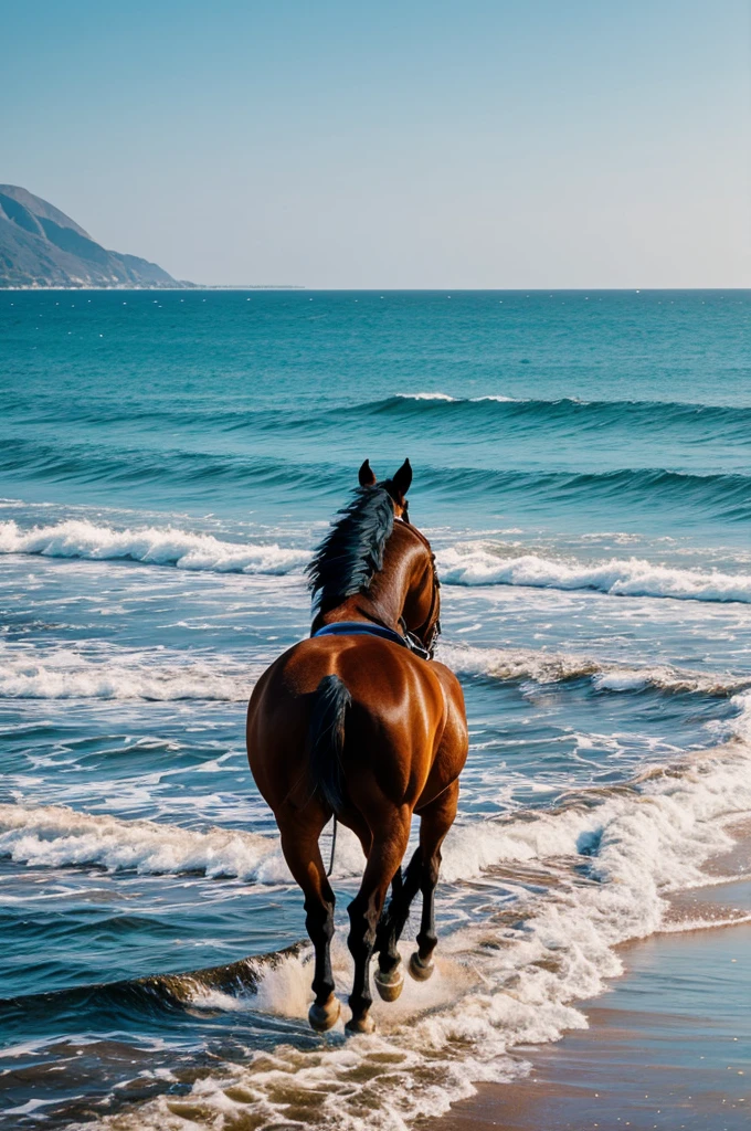 Horse walking away entering the sea with its back turned, paint 
