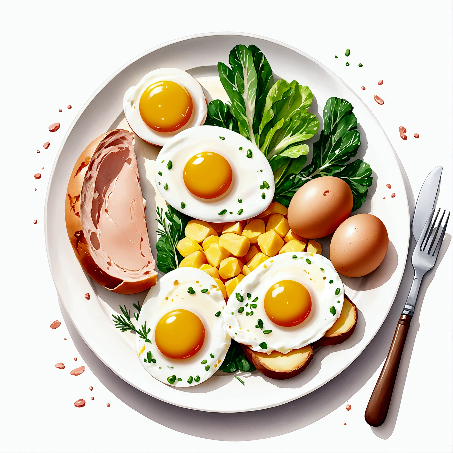 ((best quality)), ((masterpiece)), (detailed), loose water color style, minimalist, create a picture of healthy food on a plate. The food consist of, Eggs, bread, potatoes, glass of milk, meat, chicken meat, some vegetables, against brilliant white background, vibrant color, isolated white. wet water color