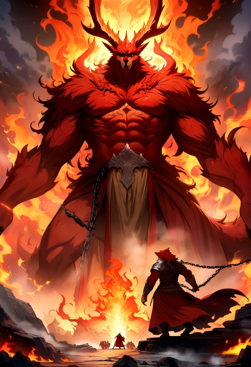 demonio, vermelho, cabelos longos brancos, pelos negros nos ombros,assentado em uma pilha de ossos,pele vermelha, grande nariz, joias douradas, fogo do inferno