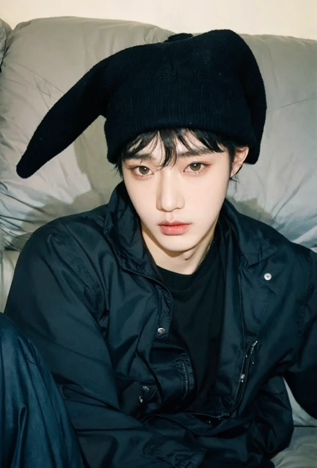 a closeup of a person sitting on a bed wearing a hat, jinyoung shin, wicked ulzzang, kim doyoung, Jung Jaehyun, jinyoung shin aesthetic, cai xukun, pale korean adorable face, hong june hyung, ulzzang, inspired by Bian Shoumin, inspired by jeonseok lee, inspired by Zhang Han, kim taejin, hyung tae