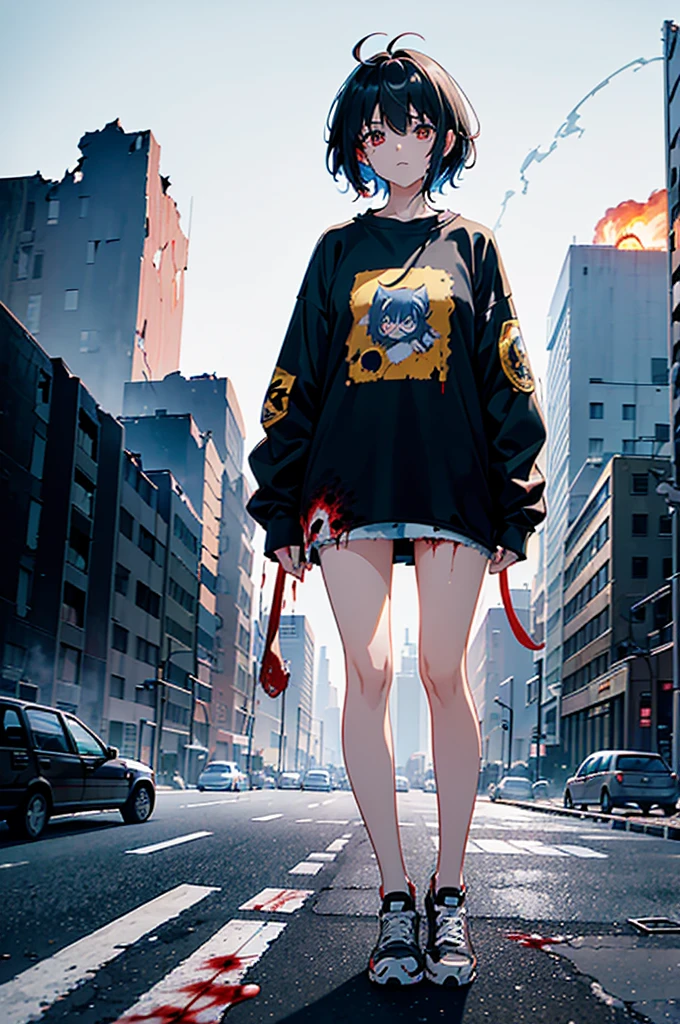 ((1 GIRL)) ((2d anime girl)), ((Japanese)) (( physically mature female)),18-year-old, ((2d anime girl)), ((short dark-haired)), ((windswept hair)) ((ultra high quality))((flawless))((4k UHD)) ((Best Quality)) ((Daytime)) ((eyes glowing red )), wearing a ((black long sleeve shoulderless T-shirt)) with the slogan ((KAIJU))((KAIJU))((KAIJU)) in RED letters, wearing blue jeans and black and yellow sneakers with (((blood splattered))) on it and her face, standing in the street ((facing toward the camera)) in a ((ruined city)) filled with ((heavily damaged)) and worn (( tall skyscrapers with gaping holes in their structures while on fire)) and ((crushed vehicles on fire)) and small and ((raging fires all around)) and an expressionless look on her face, with a giant monster kaiju-beast in the distance looking furocious.