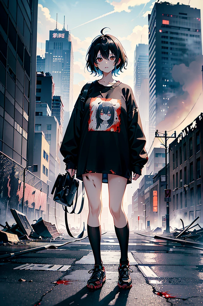 ((1 GIRL)) ((2d anime girl)), ((Japanese)) (( physically mature female)),18-year-old, ((2d anime girl)), ((short dark-haired)), ((windswept hair)) ((ultra high quality))((flawless))((4k UHD)) ((Best Quality)) ((Daytime)) ((eyes glowing red )), wearing a ((black long sleeve shoulderless T-shirt)) with the slogan ((KAIJU))((KAIJU))((KAIJU)) in RED letters, wearing blue jeans and black and yellow sneakers with (((blood splattered))) on it and her face, standing in the street ((facing toward the camera)) in a ((ruined city)) filled with ((heavily damaged)) and worn (( tall skyscrapers with gaping holes in their structures while on fire)) and ((crushed vehicles on fire)) and small and ((raging fires all around)) and an expressionless look on her face, with a giant monster kaiju-beast in the distance looking furocious.