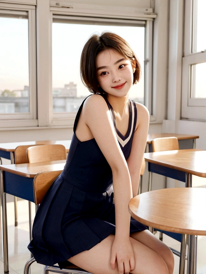 Highest quality、perfection、Beautiful woman、young、16 years old、short hair、school dress、summer、smile、classroom、Sit on a chair、Sunset、Bright atmosphere、cheerful personality、Beautiful scenery、Famous actress、model、Small face、Big round eyes、Small Mouth、Photo of your face、Japanese、Sexy posing