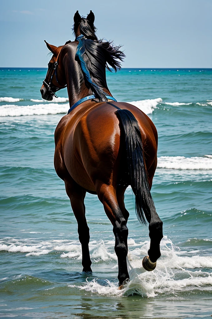 Horse walking away entering the sea with its back turned, paint