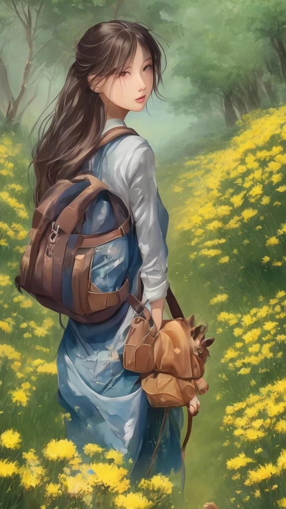 An incredibly charming  carrying a backpack, accompanied by her adorable puppy, enjoying a lovely spring outing surrounded by beautiful yellow flowers and natural scenery. The illustration is in high definition at 4k resolution, with highly-detailed facial features and cartoon-style visuals, (Butterfly Dance)