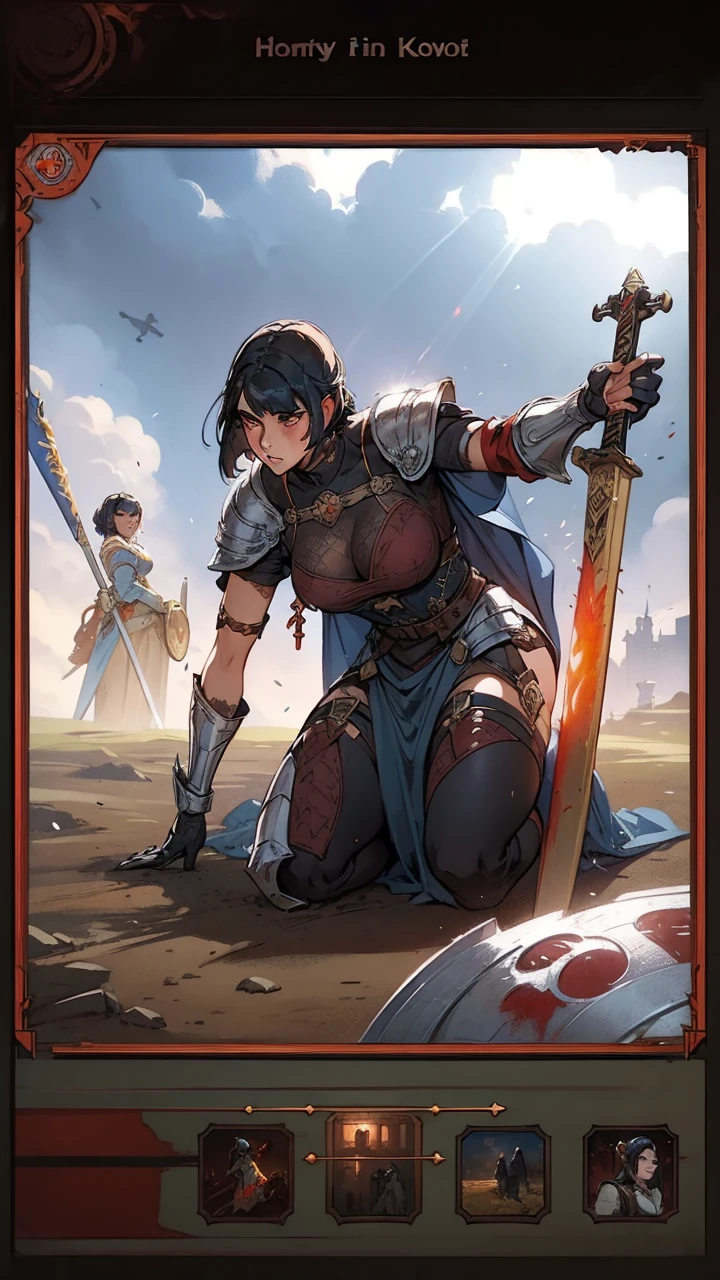 Action Card, Black-Haired ((Female:1.8)) Warrior, Glowing Red Ees, Holding a Sword, Wearing Steel Armor, Blue Mantle, on her Knees, Covered in Blood, 13th century AD, Medieval Castille, fantasy RPG, detailed dress, intricate details, digital painting, artstation, concept art, smooth, sharp focus, illustration, by Greg Rutkowski, Atey Ghailan, Jeremy Mann, Antonio Moro, trending on ArtStation, mucha, artgerm, wlop, trending on CGSociety, volumetric lighting, dramatic lighting.