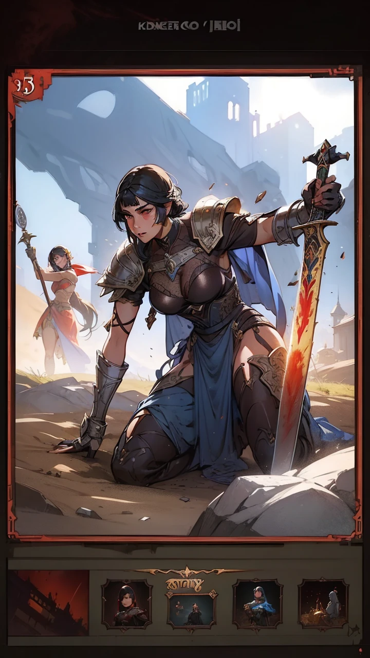 Action Card, Black-Haired ((Female:1.8)) Warrior, Glowing Red Ees, Holding a Sword, Wearing Steel Armor, Blue Mantle, on her Knees, Covered in Blood, 13th century AD, Medieval Castille, fantasy RPG, detailed dress, intricate details, digital painting, artstation, concept art, smooth, sharp focus, illustration, by Greg Rutkowski, Atey Ghailan, Jeremy Mann, Antonio Moro, trending on ArtStation, mucha, artgerm, wlop, trending on CGSociety, volumetric lighting, dramatic lighting.