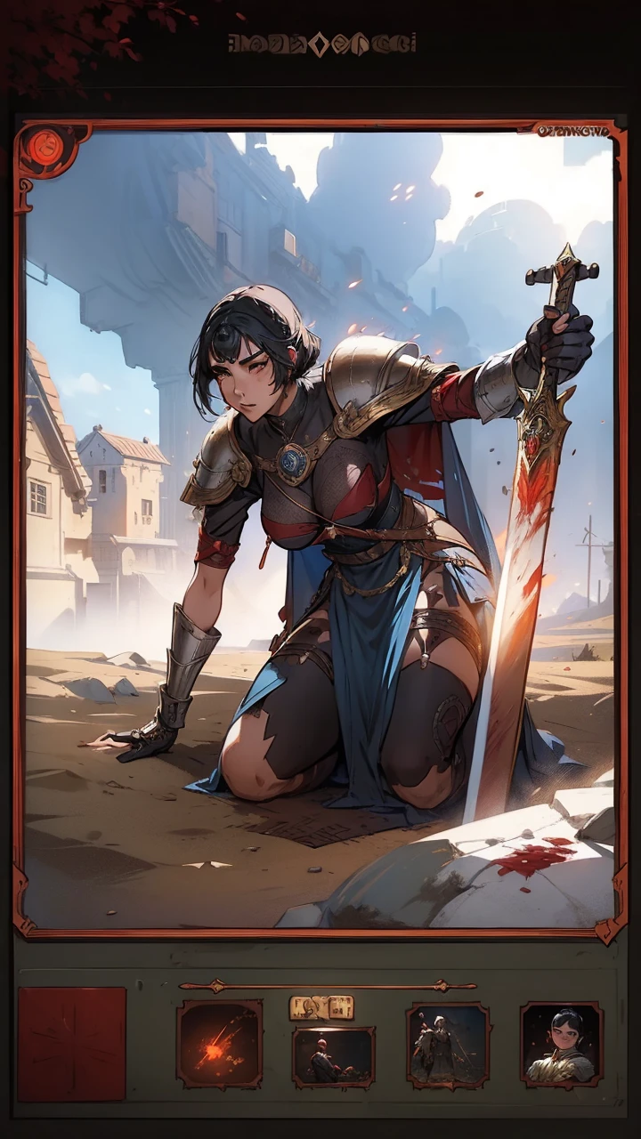 Action Card, Black-Haired ((Female:1.8)) Warrior, Glowing Red Ees, Holding a Sword, Wearing Steel Armor, Blue Mantle, on her Knees, Covered in Blood, 13th century AD, Medieval Castille, fantasy RPG, detailed dress, intricate details, digital painting, artstation, concept art, smooth, sharp focus, illustration, by Greg Rutkowski, Atey Ghailan, Jeremy Mann, Antonio Moro, trending on ArtStation, mucha, artgerm, wlop, trending on CGSociety, volumetric lighting, dramatic lighting.