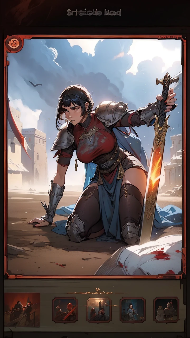 Action Card, Black-Haired ((Female:1.8)) Warrior, Glowing Red Ees, Holding a Sword, Wearing Steel Armor, Blue Mantle, on her Knees, Covered in Blood, 13th century AD, Medieval Castille, fantasy RPG, detailed dress, intricate details, digital painting, artstation, concept art, smooth, sharp focus, illustration, by Greg Rutkowski, Atey Ghailan, Jeremy Mann, Antonio Moro, trending on ArtStation, mucha, artgerm, wlop, trending on CGSociety, volumetric lighting, dramatic lighting.