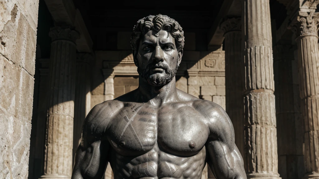 a portrait statue of the stoic Marcus Aurelius in black and white 4K, Super realistic ANCIENT GREEK RUINS, fully body, corpo stark, brawny, stark, wearing no shirt, tronco stark, stark, wearing no shirt, strong arms, 8K, ultra realisitic, cinematographic