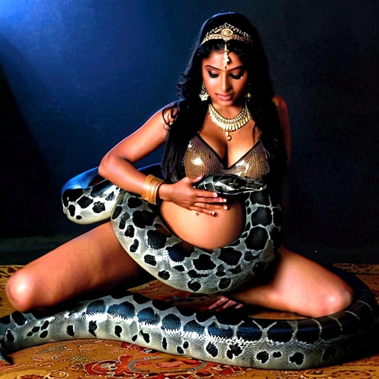 Pregnant   Happy ?????, aroused 1girl), beautiful kneeling young  Indian teen belly dancer girl with  giant colossal black titanboa squeezing her hard, wrapped in thick spiraling coils, constricted, struggle, gasping for air, snake attack, snake peril, moonless night, dim light