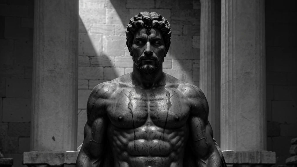 a portrait statue of the stoic Marcus Aurelius in black and white 4K, Super realistic ANCIENT GREEK RUINS, fully body, corpo stark, brawny, stark, wearing no shirt, tronco stark, stark, wearing no shirt, strong arms, 8K, ultra realisitic, cinematographic