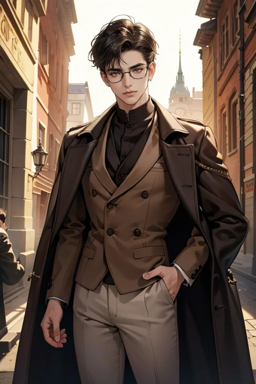 (tmasterpiece, high resolution, ultra - detailed:1.0), (1 boy, Young male), Eyes looking at the camera, Perfect male body, Extremely detailed CG, 8K wallpaper, Complicated details, solo person, Detailed face,(Black hair, brown coat,brown sweater, Glasses), color difference, Depth of field, dramatic shadow, Ray tracing, Best quality, Cinematic lighting, offcial art