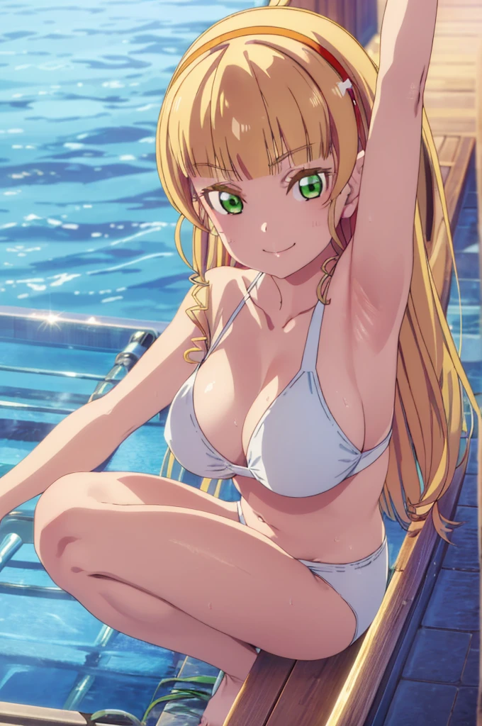 (((pixel-perfect, detail-perfect))), solo, 1girl, sumire heanna, smile, eyes green, hair blonde, sauna pool, bikini, armpit, medium filesize, ultra High Qality
