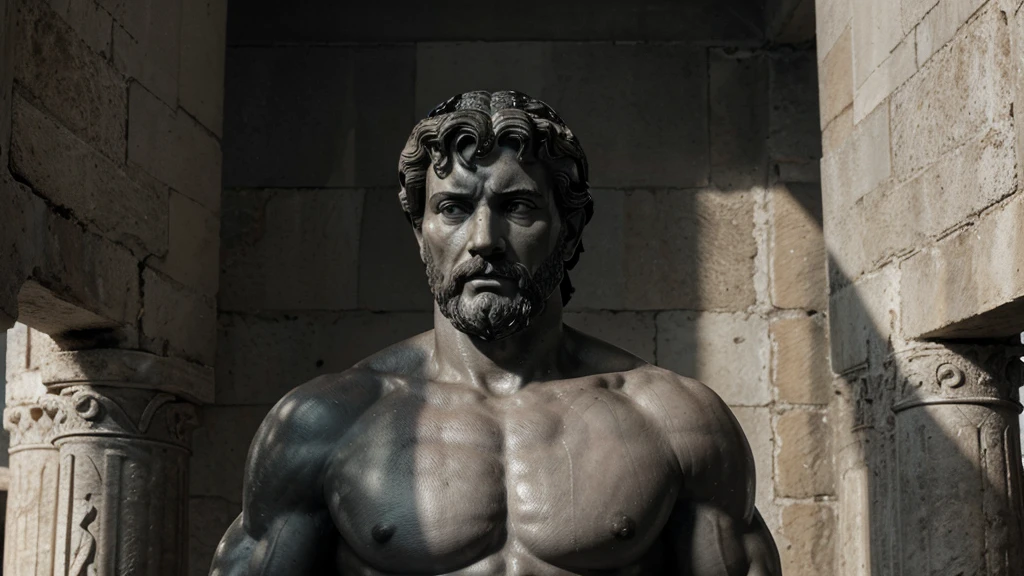 a portrait statue of the stoic Marcus Aurelius in black and white 4K, Super realistic ANCIENT GREEK RUINS, fully body, corpo stark, brawny, stark, wearing no shirt, tronco stark, stark, wearing no shirt, strong arms, 8K, ultra realisitic, cinematographic
