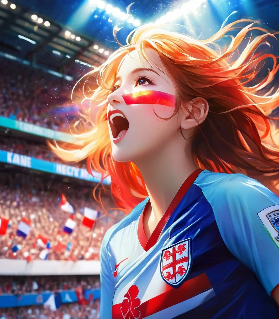 Best quality with neon light and unique painting, England flag painting colors on their faces, a group of cute young hardcore soccer fans wearing England soccer jersey and standing in stadium bleacher, celebrating a goal by Harry Kane, floating hair, natural face, dark lighting, supporters atmosphere, prism lens flare effect, motion blur, sporting angle shot style, Ultra highly detailed, realistic skin, film looks