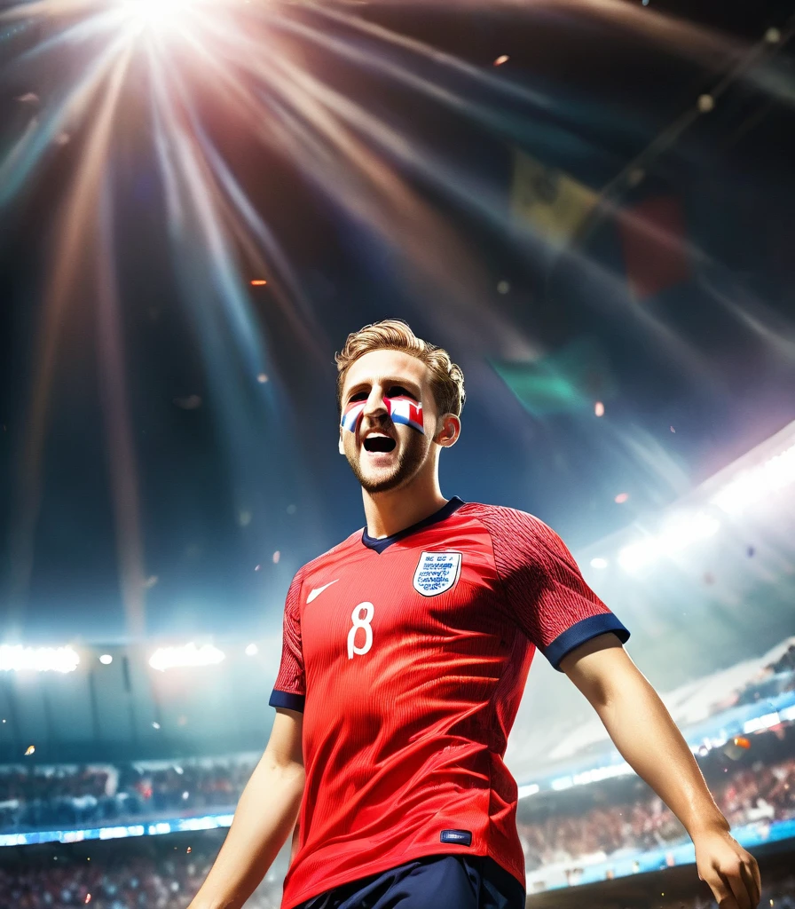 Best quality with neon light and unique painting, England flag painting colors on their faces, a group of cute young hardcore soccer fans wearing England soccer jersey and standing in stadium bleacher, celebrating a goal by Harry Kane, floating hair, natural face, dark lighting, supporters atmosphere, prism lens flare effect, motion blur, sporting angle shot style, Ultra highly detailed, realistic skin, film looks