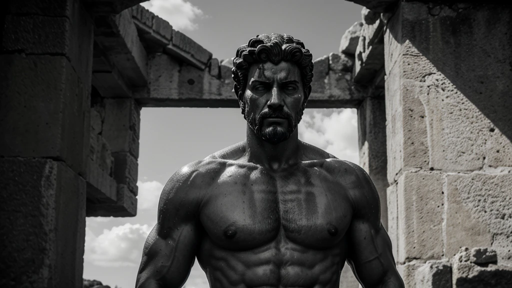 a portrait statue of the stoic Marcus Aurelius in black and white 4K, Super realistic ANCIENT GREEK RUINS, fully body, corpo stark, brawny, stark, wearing no shirt, tronco stark, stark, wearing no shirt, strong arms, 8K, ultra realisitic, cinematographic
