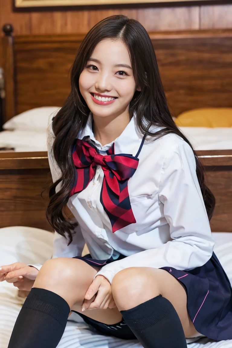 nsfw, Photorealistic, (A big smile:1.2), open mouth, On the bed, (Split seat), Knee-high socks, (High School Uniforms:1.2)