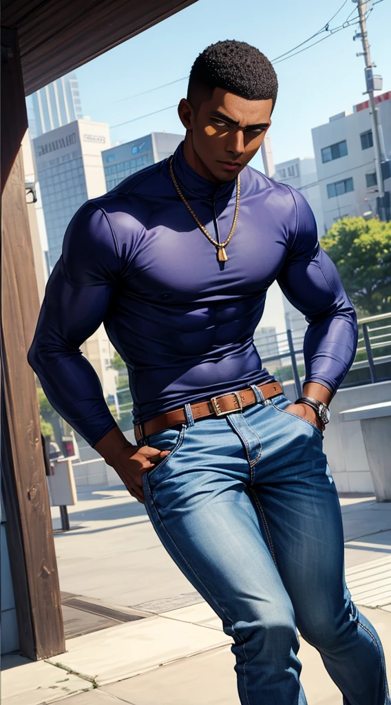 (best quality:1.1),original, 1man,  A handsome man with dark skin, African American man with natural hair, short hair, buzzcut, ebony nose, broad shoulders, tall, masculine, dressed in blue urban clothes and demin jeans, cartoon，anime illustrations, style is abstract beauty, Sundaratang, charming character illustrations, folklore  --ar 2:3 --v 6.0 