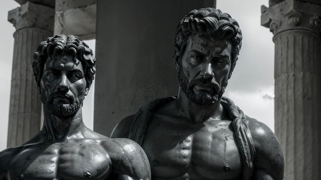 a portrait statue of the stoic Marcus Aurelius in black and white 4K, Super realistic ANCIENT GREEK RUINS, fully body, corpo stark, brawny, stark, wearing no shirt, tronco stark, stark, wearing no shirt, strong arms, 8K, ultra realisitic, cinematographic